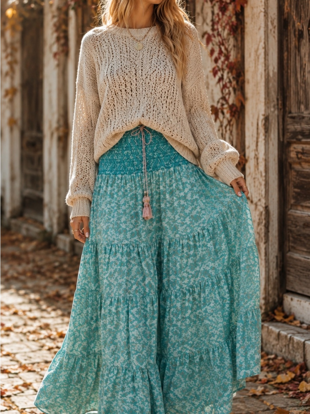Boho Tiered Maxi Skirt in Teal Floral